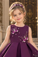 Girls Wine Butterfly Embellished High-Low Tail Back  Party Wear Frock