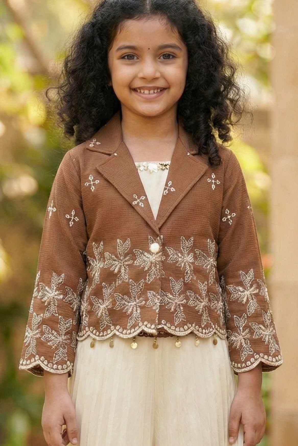 Brown and Cream Embroidered Wide Legged Pant Set With Jacket For Girls