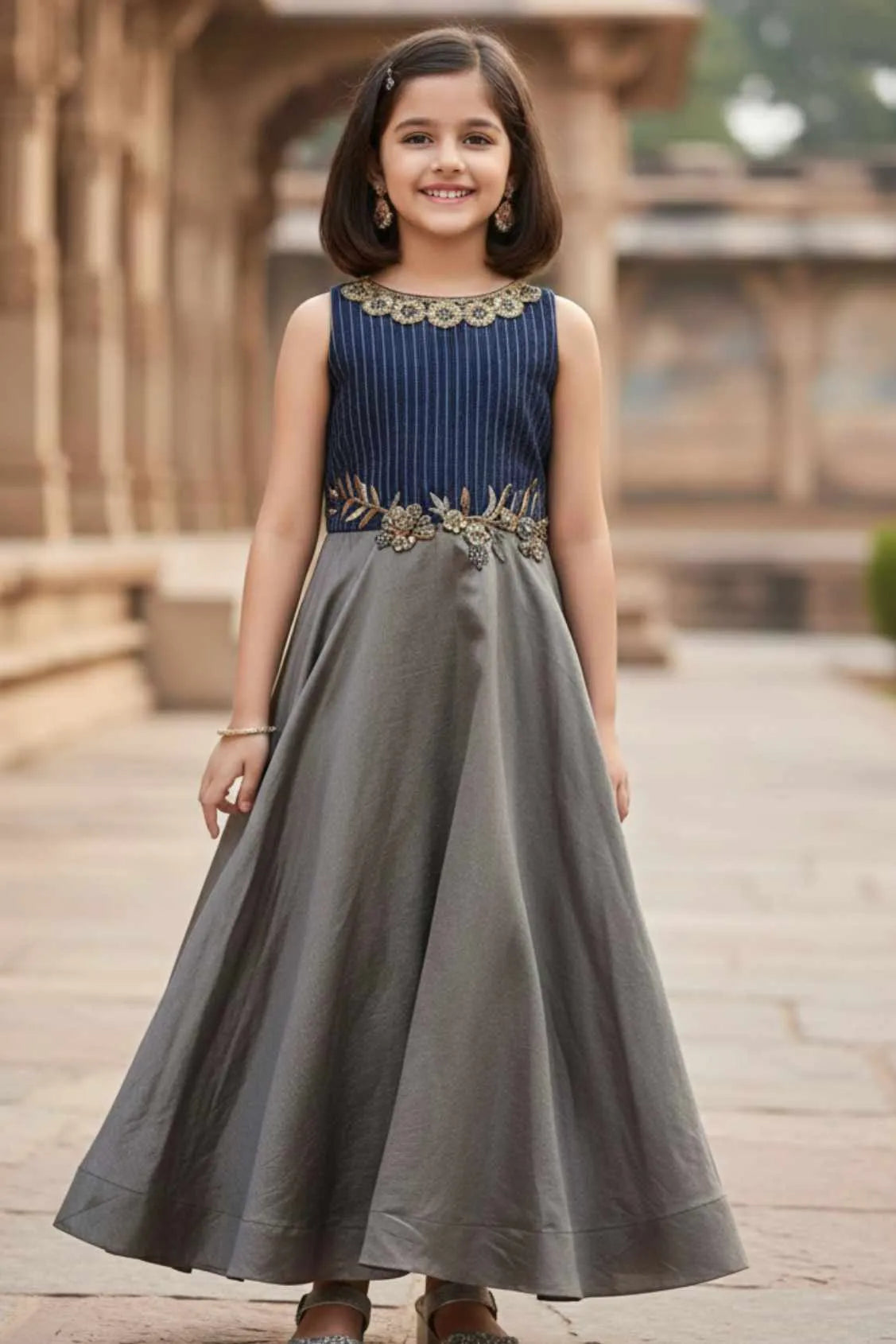Navy Blue Embroidered Ethnic Gown For Girls