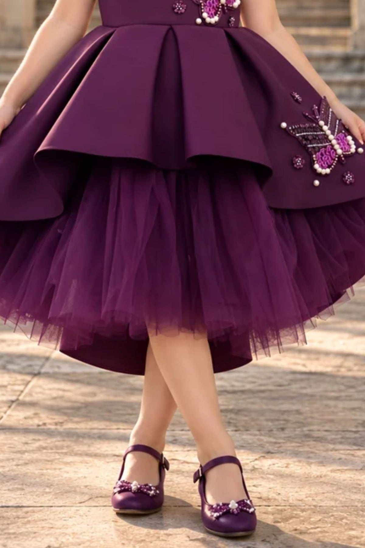 Girls Wine Butterfly Embellished High-Low Tail Back  Party Wear Frock