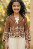 Brown and Cream Embroidered Wide Legged Pant Set With Jacket For Girls