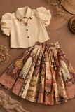 Ivory Puff Sleeve Top with Boho Printed Flared Skirt Set for Girls