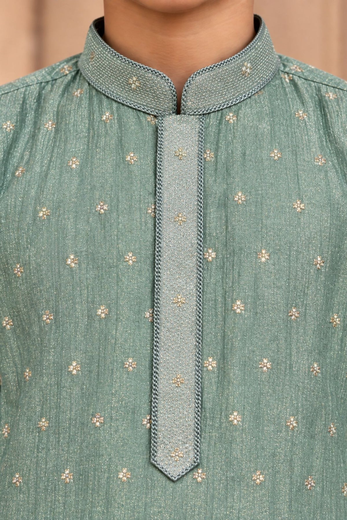 Boys Ethnic Mint Green Crushed Tissue Embriodered Kurta Pajama Set