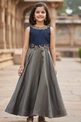 Navy Blue Embroidered Ethnic Gown For Girls