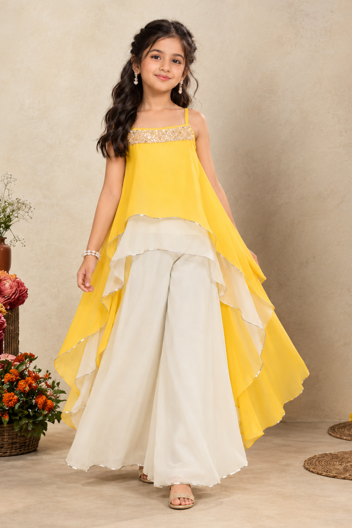 Lemon Yellow Embellished High-Low Top with Ivory Palazzo Set for Girls