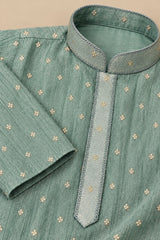 Boys Ethnic Mint Green Crushed Tissue Embriodered Kurta Pajama Set