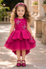 Girls Pink Butterfly Embellished High-Low Tail Back  Party Wear Frock