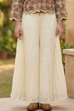 Brown and Cream Embroidered Wide Legged Pant Set With Jacket For Girls