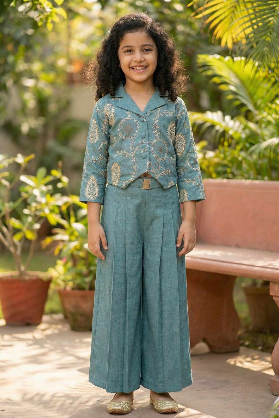 Blue Embroidered Shirt & Wide-Leg Pant Co-ord Set For Girls