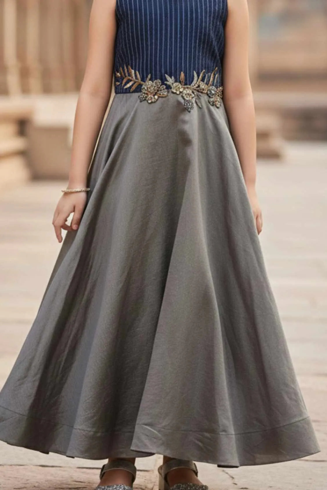 Navy Blue Embroidered Ethnic Gown For Girls