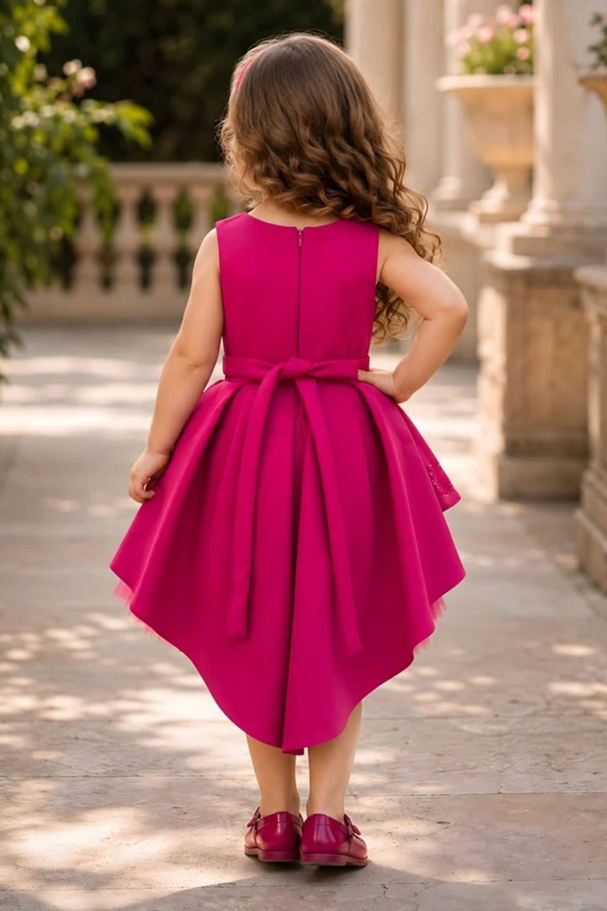 Girls Pink Butterfly Embellished High-Low Tail Back  Party Wear Frock