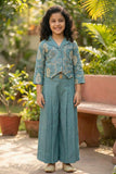 Blue Embroidered Shirt & Wide-Leg Pant Co-ord Set For Girls