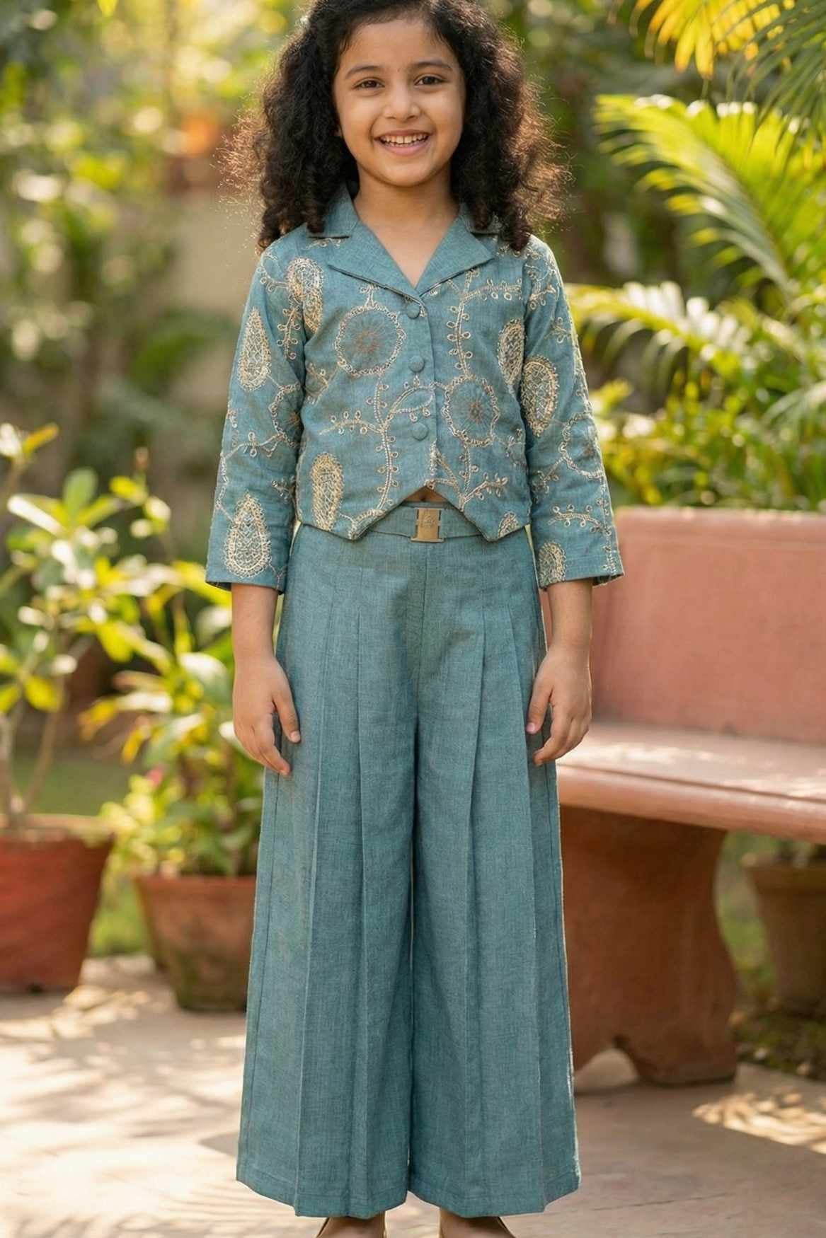 Blue Embroidered Shirt & Wide-Leg Pant Co-ord Set For Girls