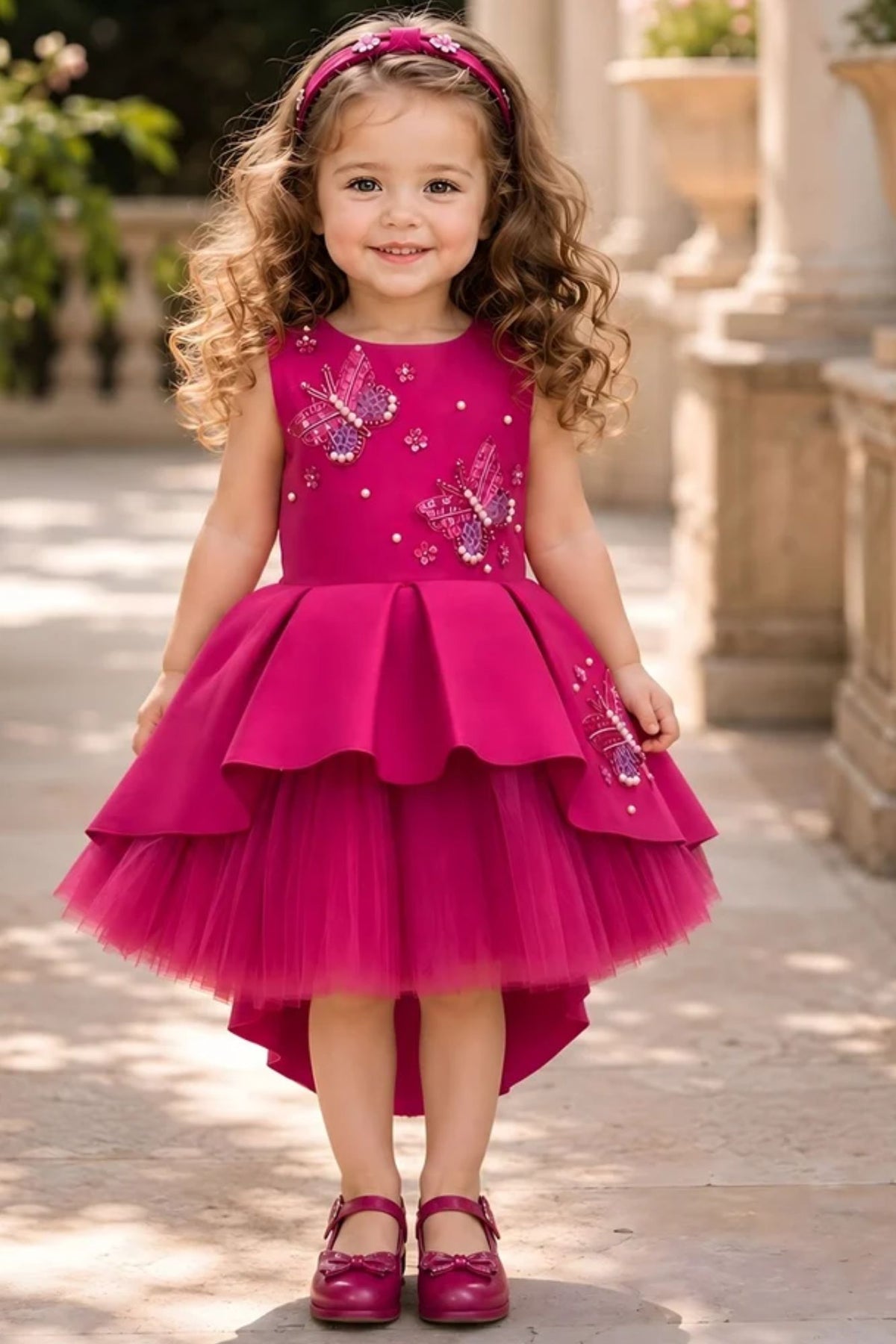Girls Pink Butterfly Embellished High-Low Tail Back  Party Wear Frock