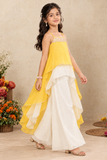 Lemon Yellow Embellished High-Low Top with Ivory Palazzo Set for Girls