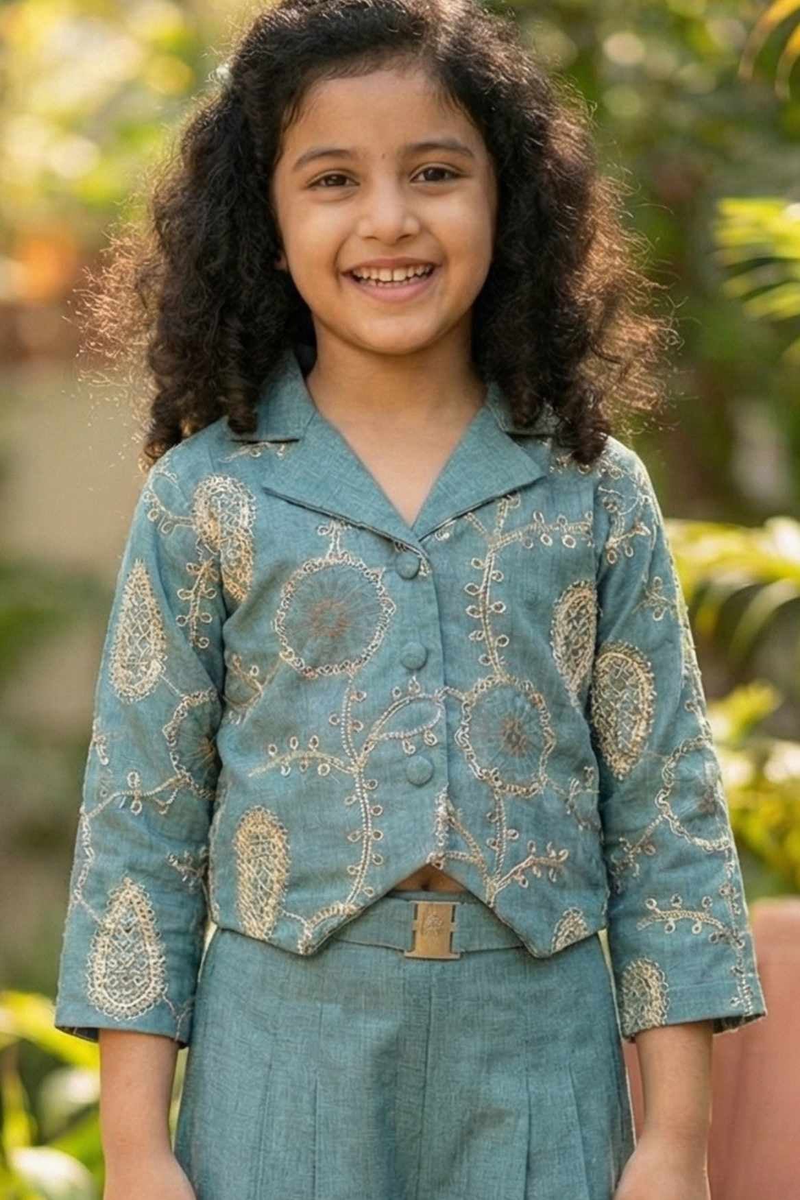 Blue Embroidered Shirt & Wide-Leg Pant Co-ord Set For Girls