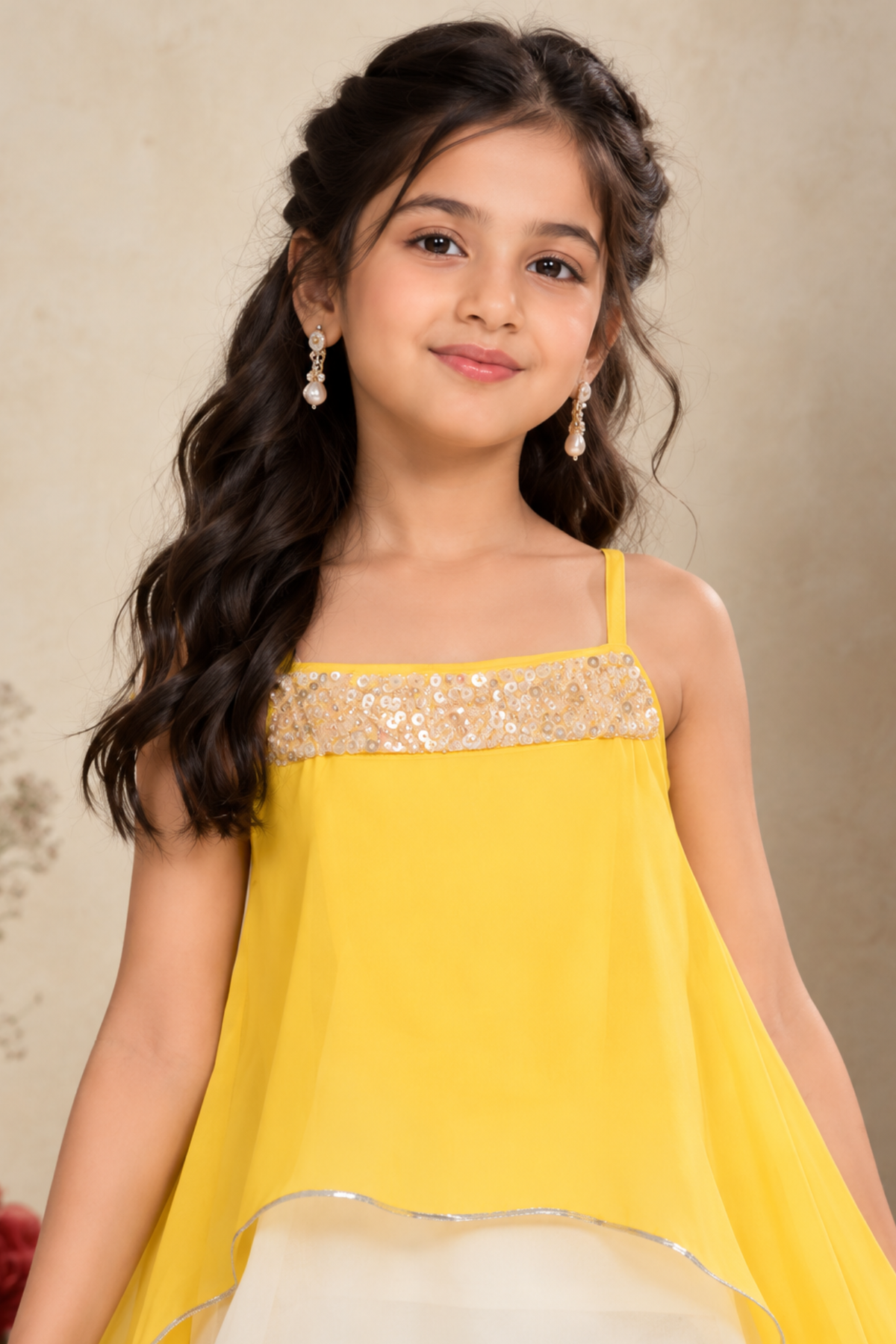 Lemon Yellow Embellished High-Low Top with Ivory Palazzo Set for Girls