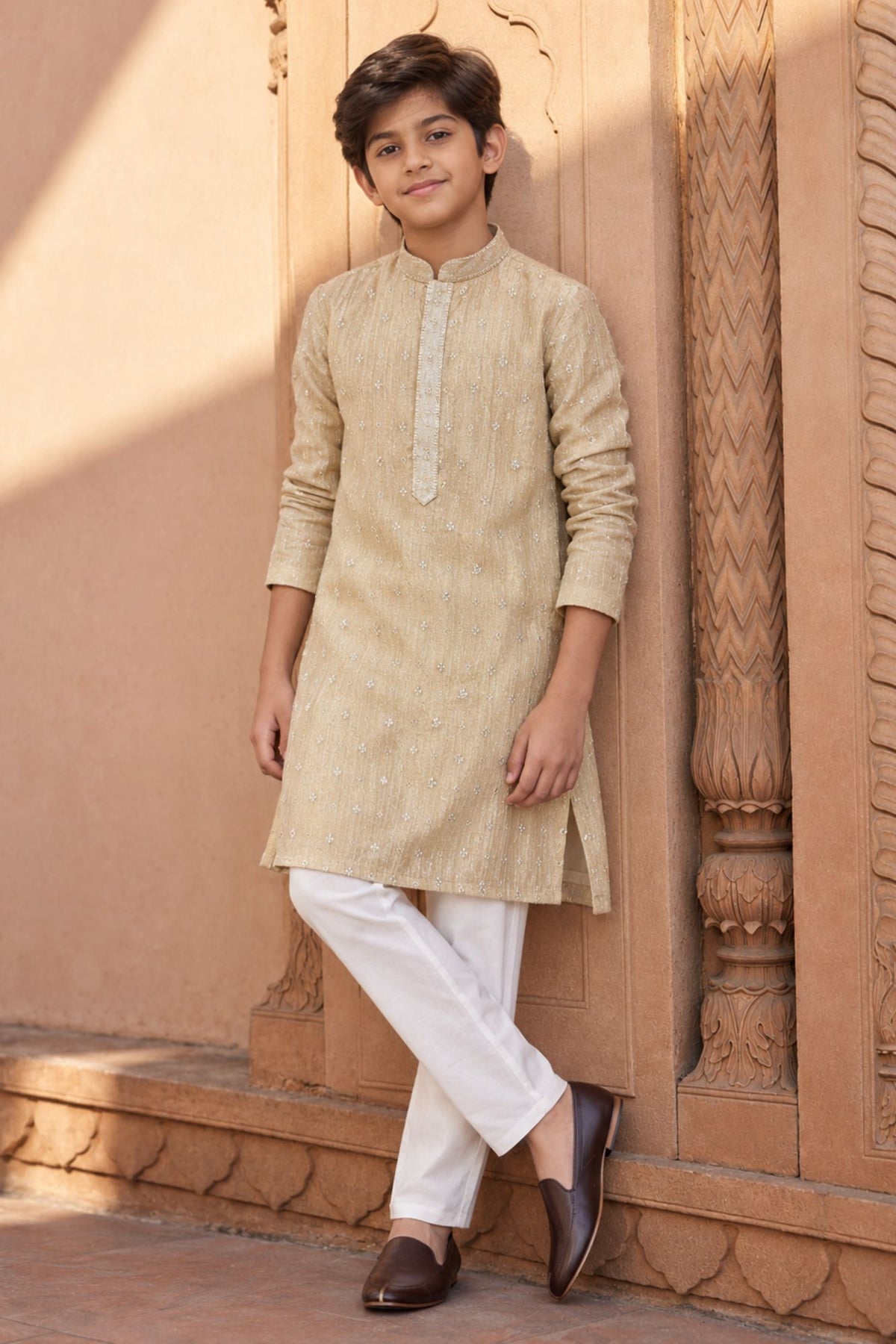 Boys Ethnic Cream Crushed Tissue Embriodered Kurta Pajama Set