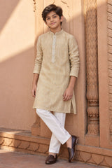 Boys Ethnic Cream Crushed Tissue Embriodered Kurta Pajama Set