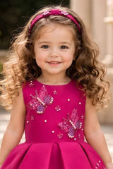 Girls Pink Butterfly Embellished High-Low Tail Back  Party Wear Frock