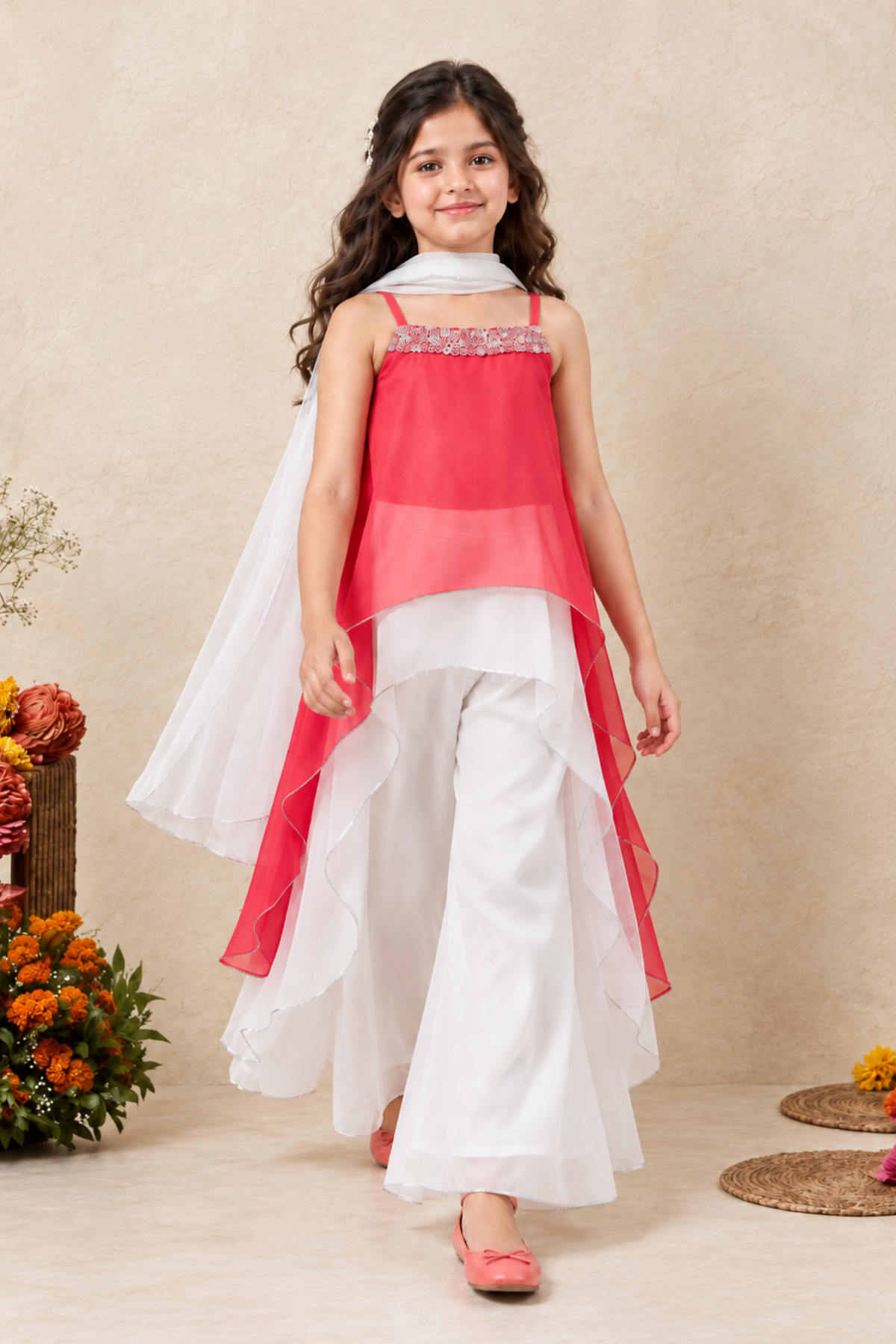 Pink Embellished High-Low Top with Ivory Palazzo Set for Girls