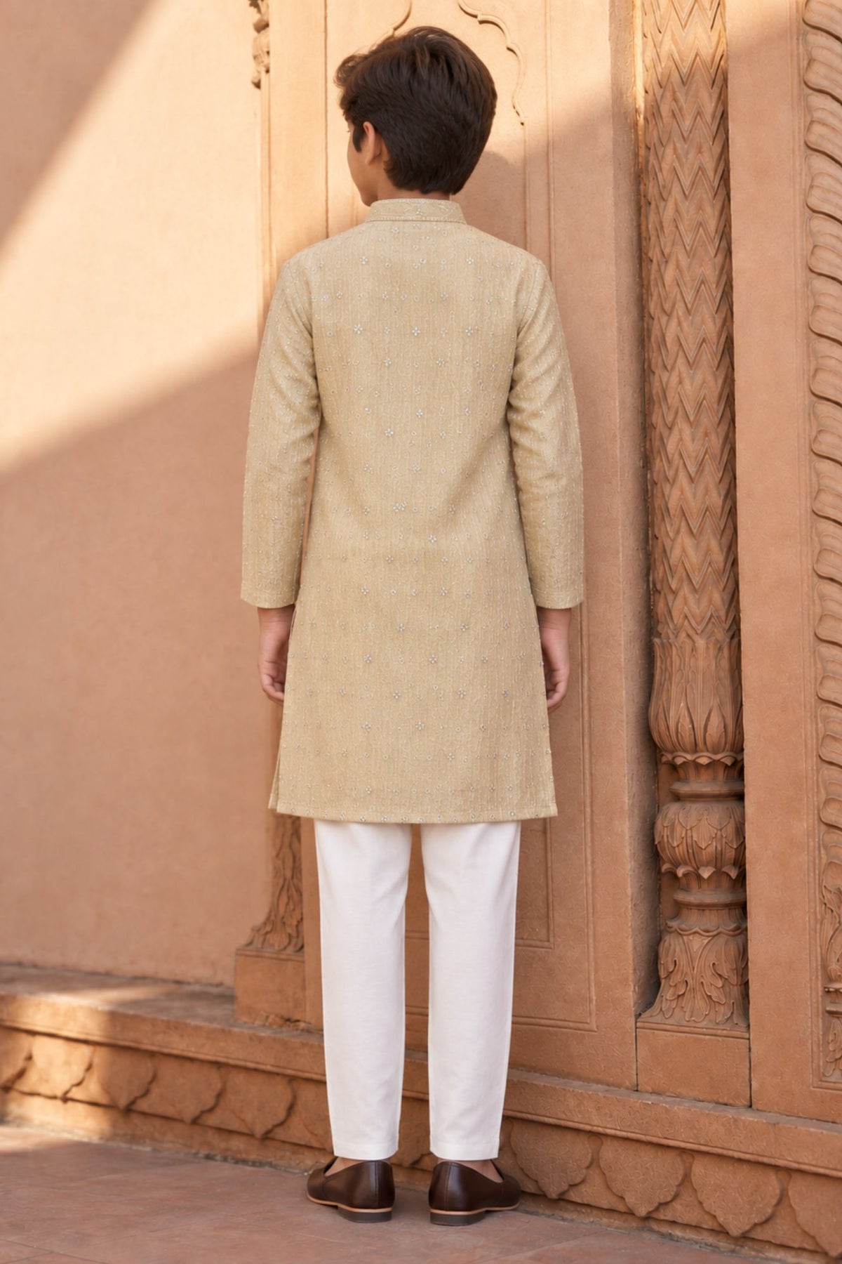 Boys Ethnic Cream Crushed Tissue Embriodered Kurta Pajama Set