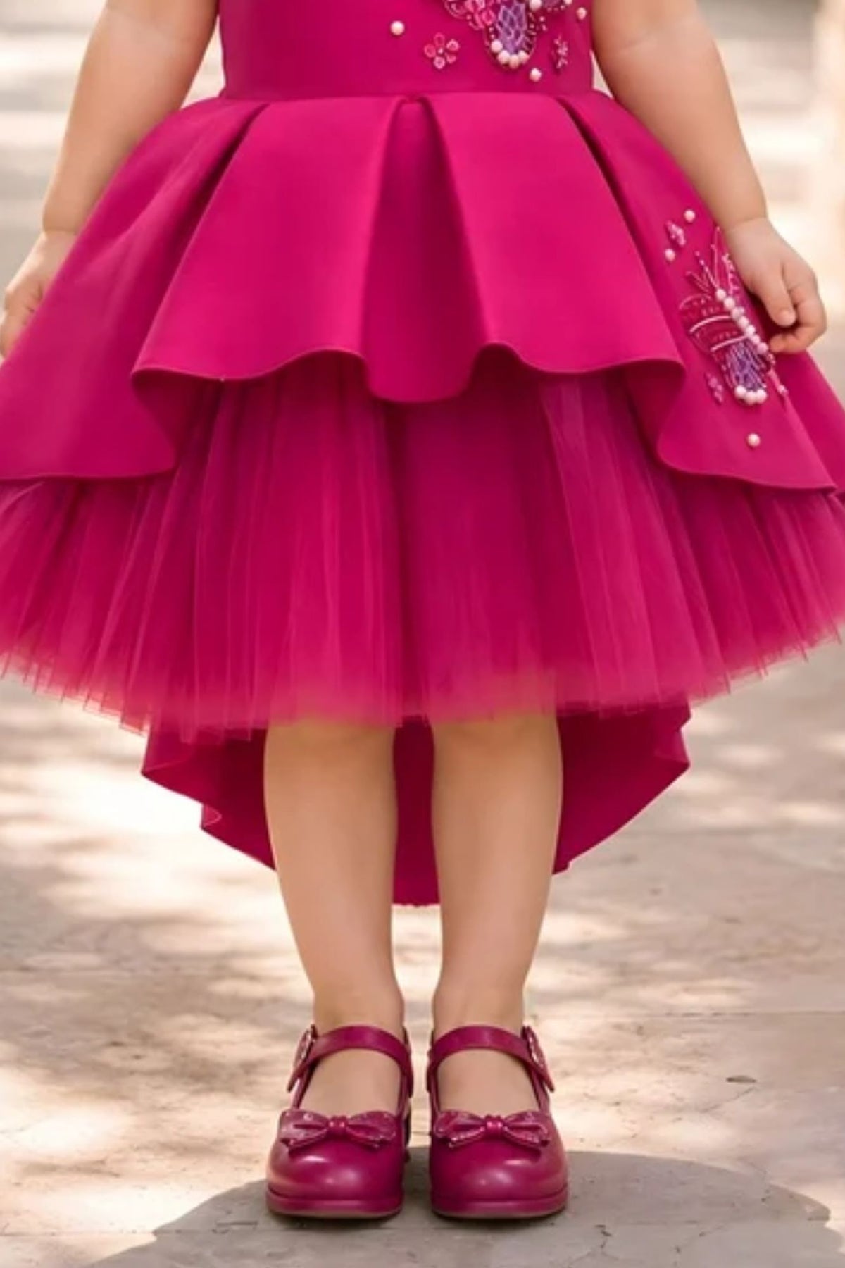 Girls Pink Butterfly Embellished High-Low Tail Back  Party Wear Frock