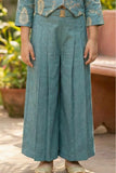 Blue Embroidered Shirt & Wide-Leg Pant Co-ord Set For Girls