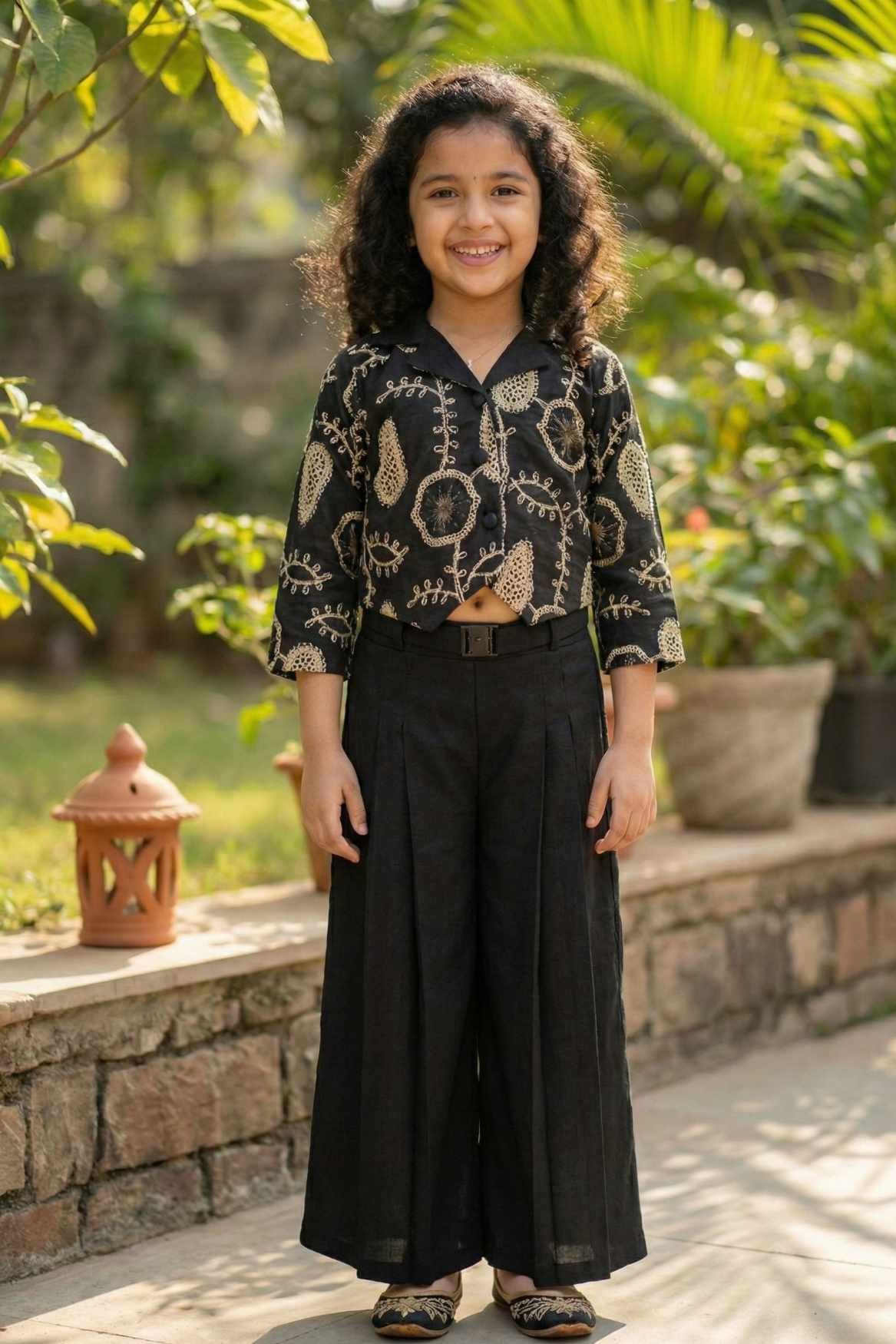 Black Embroidered Top & Wide-Leg Pant Co-ord Set For Girls