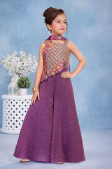 Girls Purple Multicolor Floral  Embroidered Asymmetric Palazzo Set With Dupatta