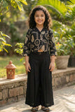 Black Embroidered Top & Wide-Leg Pant Co-ord Set For Girls