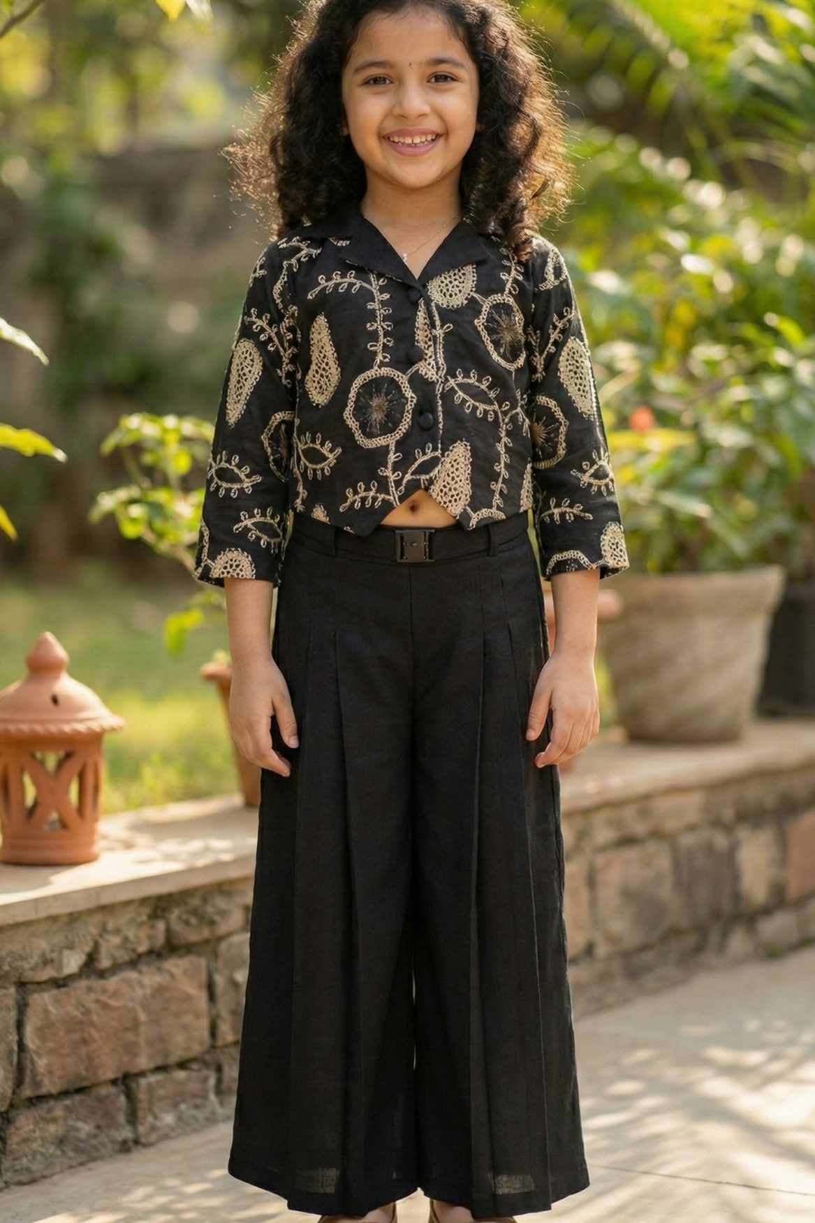 Black Embroidered Top & Wide-Leg Pant Co-ord Set For Girls