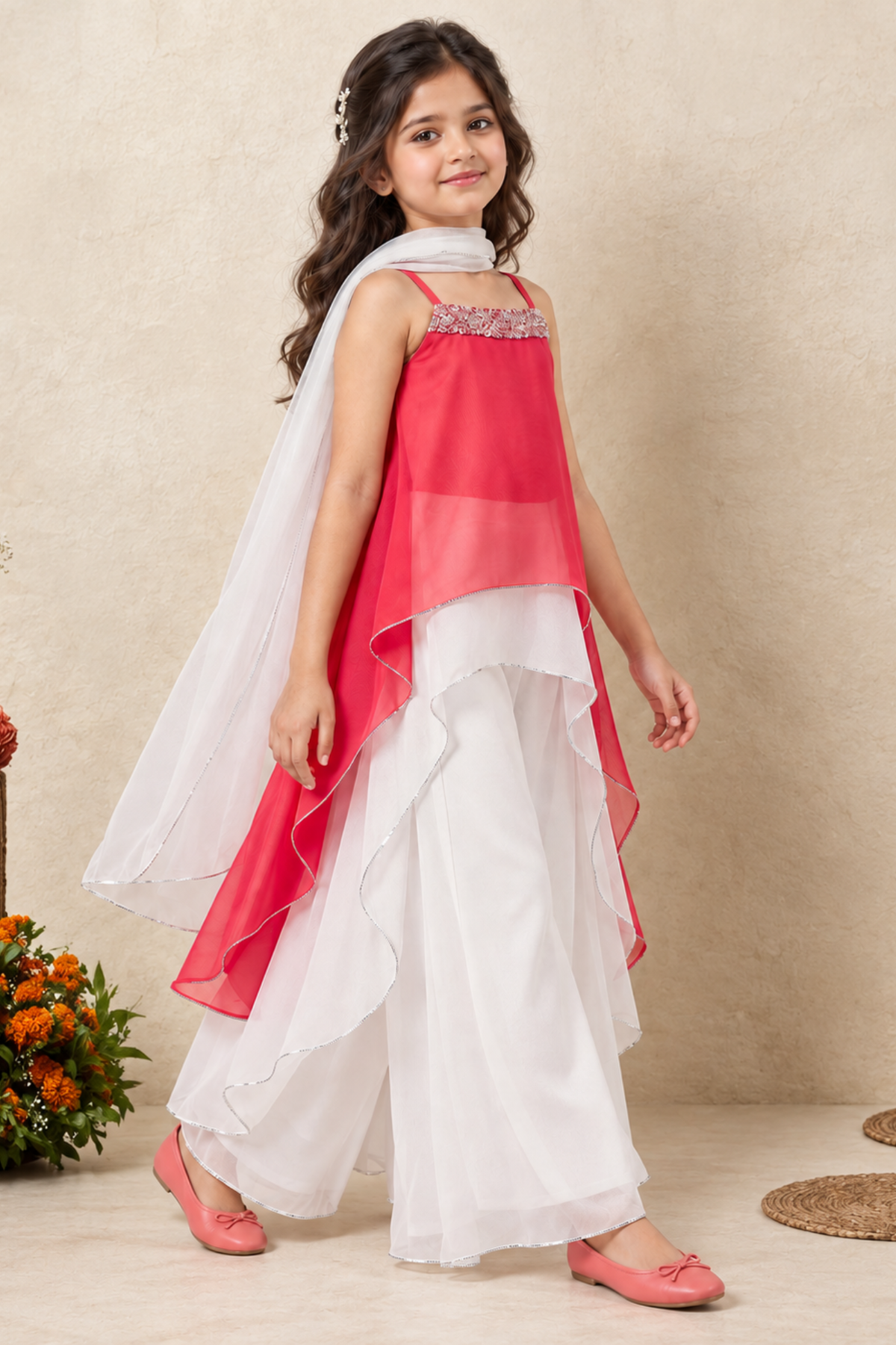 Pink Embellished High-Low Top with Ivory Palazzo Set for Girls