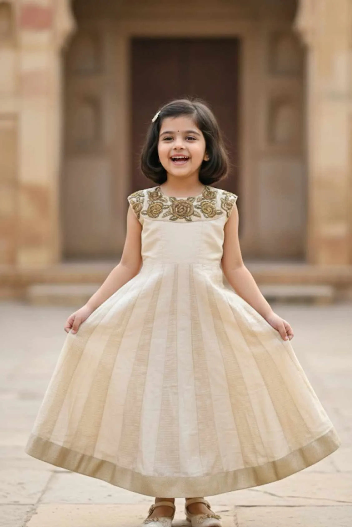 Fawn Embroidered Ethnic Gown For Girls