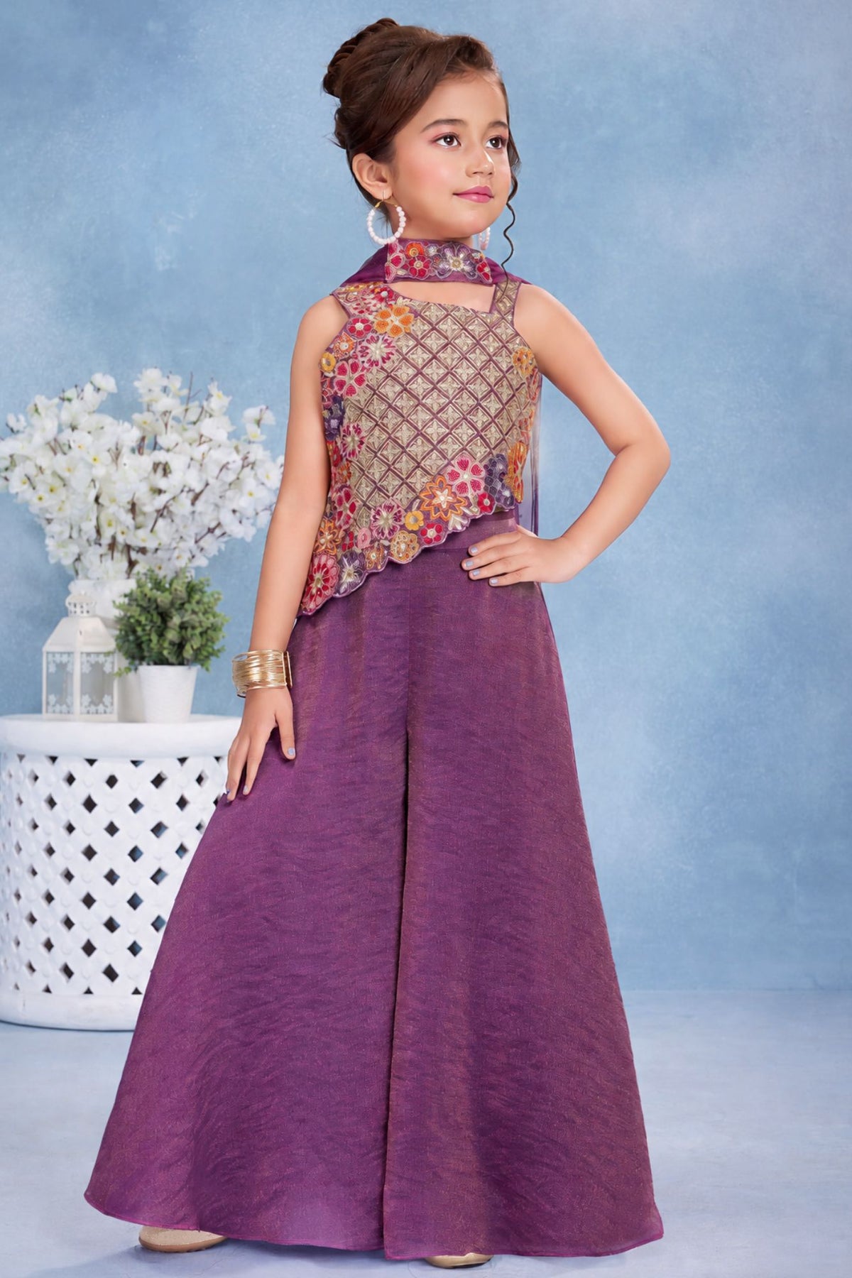 Girls Purple Multicolor Floral  Embroidered Asymmetric Palazzo Set With Dupatta