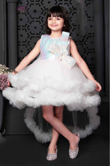 White Sleeveless And Sequins With Bow Embellished Tailback Frock For Girls