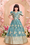 Blue Floral Brocade Ethnic Gown For Girls