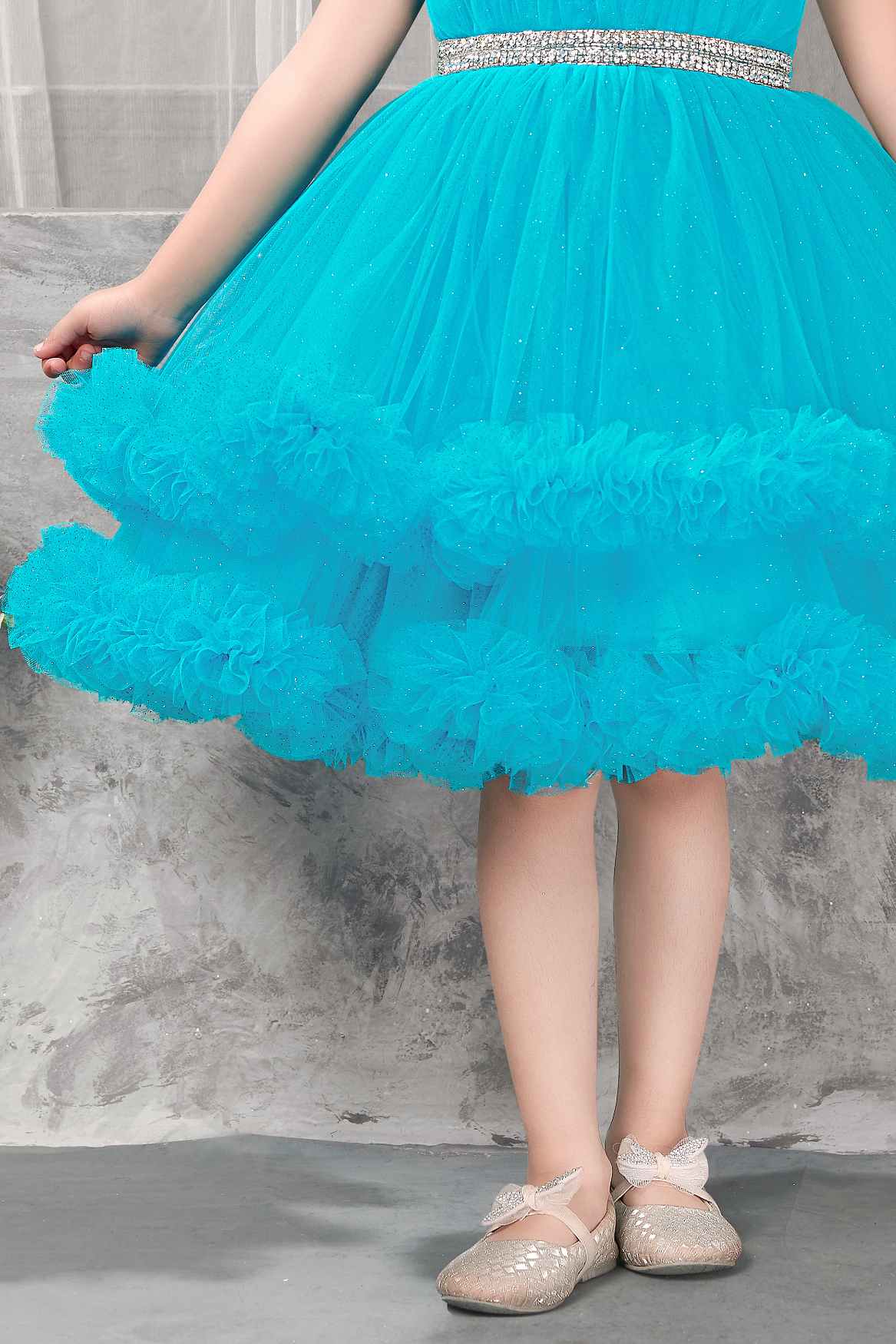 Turquoise Blue Princess Party Frock With Ruffled Layers And Sparkle Waist For Girls