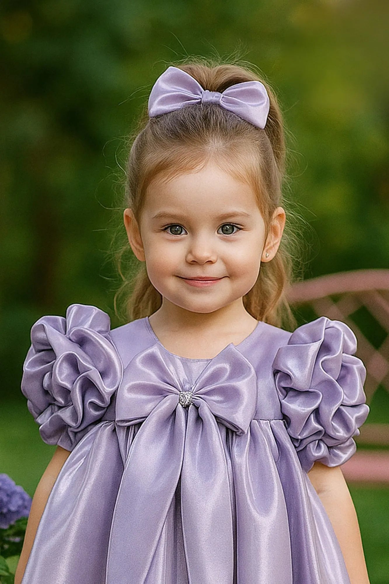 Purple Puff Sleeve And Bow Embellished Frock For Girls