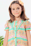 Pista Green Printed Dress With Lace On Yoke A Line For Girls