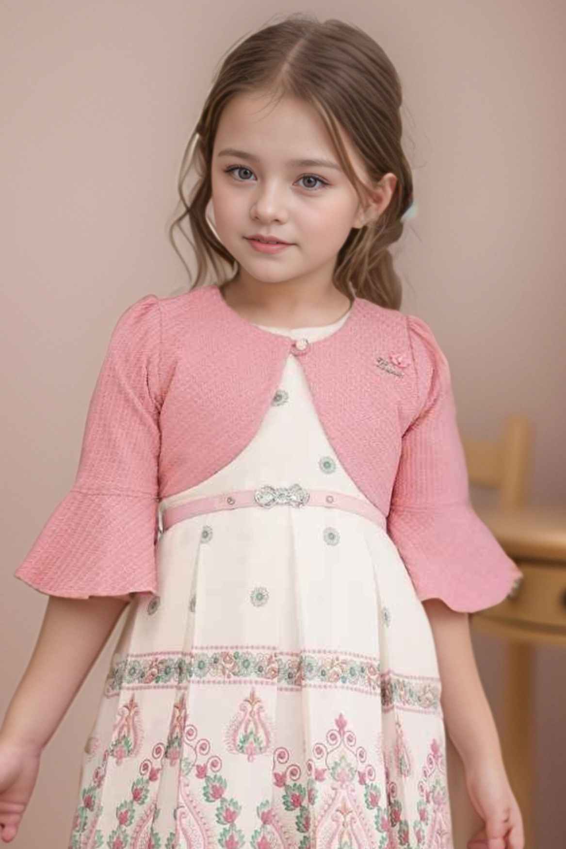 Pink And Cream Printed Casual Dress With Overcoat For Girls