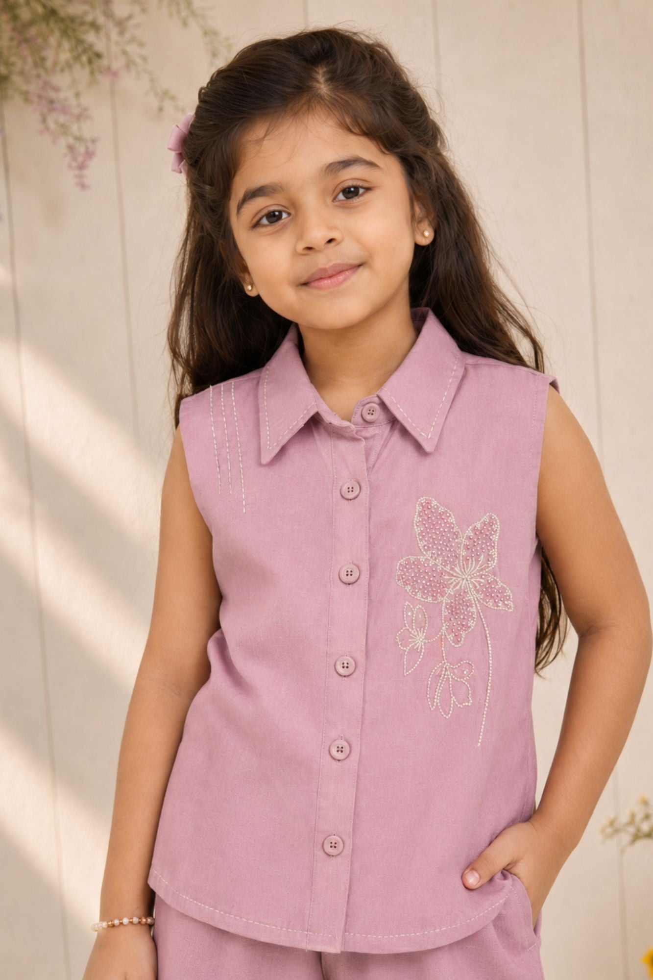 Dusty Lilac Floral Embroidered Shirt & Wide-Leg Co-Ord Set