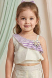 Cream and Lilac One-Shoulder Co-Ord Set with Striped Wide-Leg Pants