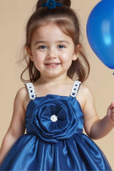 Peacock Blue Floral Embellished And Pearl Work Frock For Girls