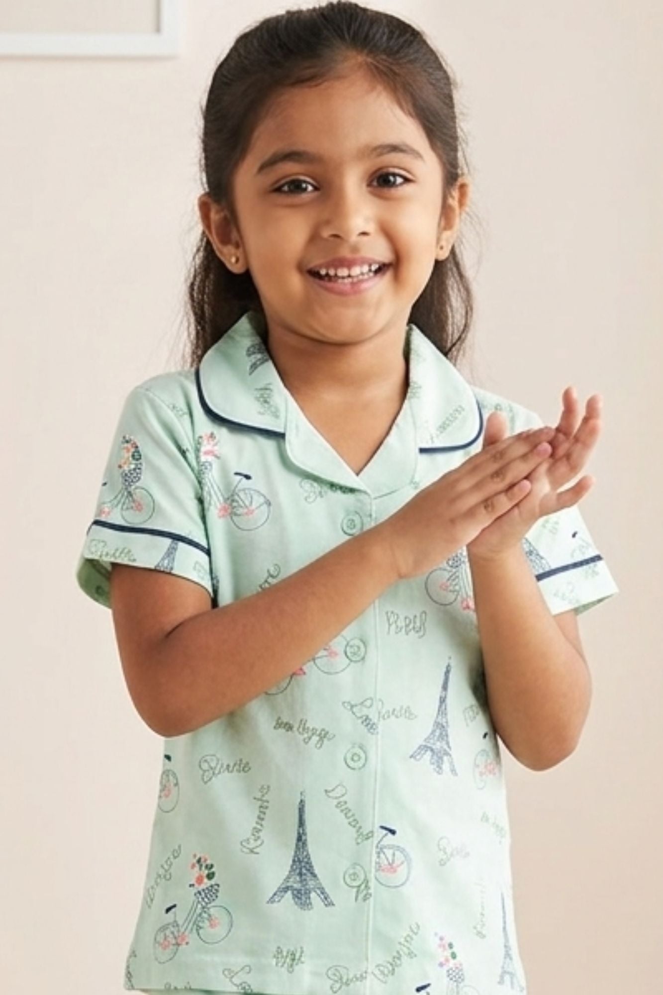 Girls Mint Green Paris Print  Night Suit Set