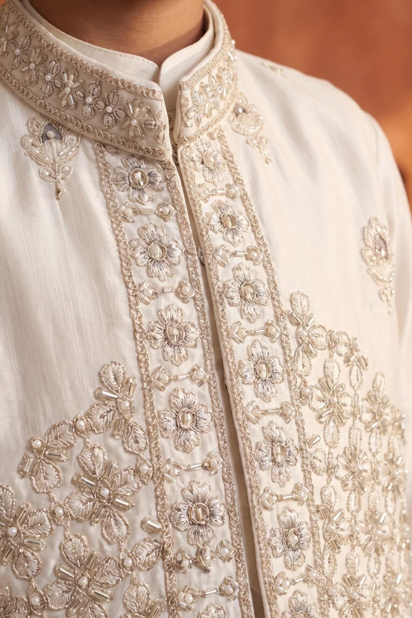 Boys Ivory Gold Embroidered Kurta Set with Nehru Jacket