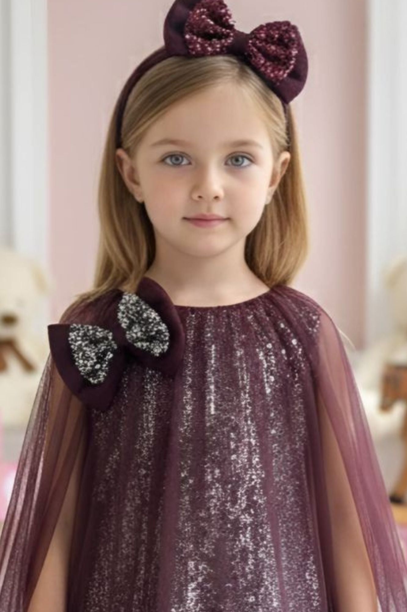 Wine Sequin Cape Style Party Frock For Girls