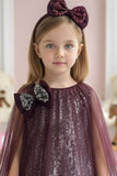 Wine Sequin Cape Style Party Frock For Girls