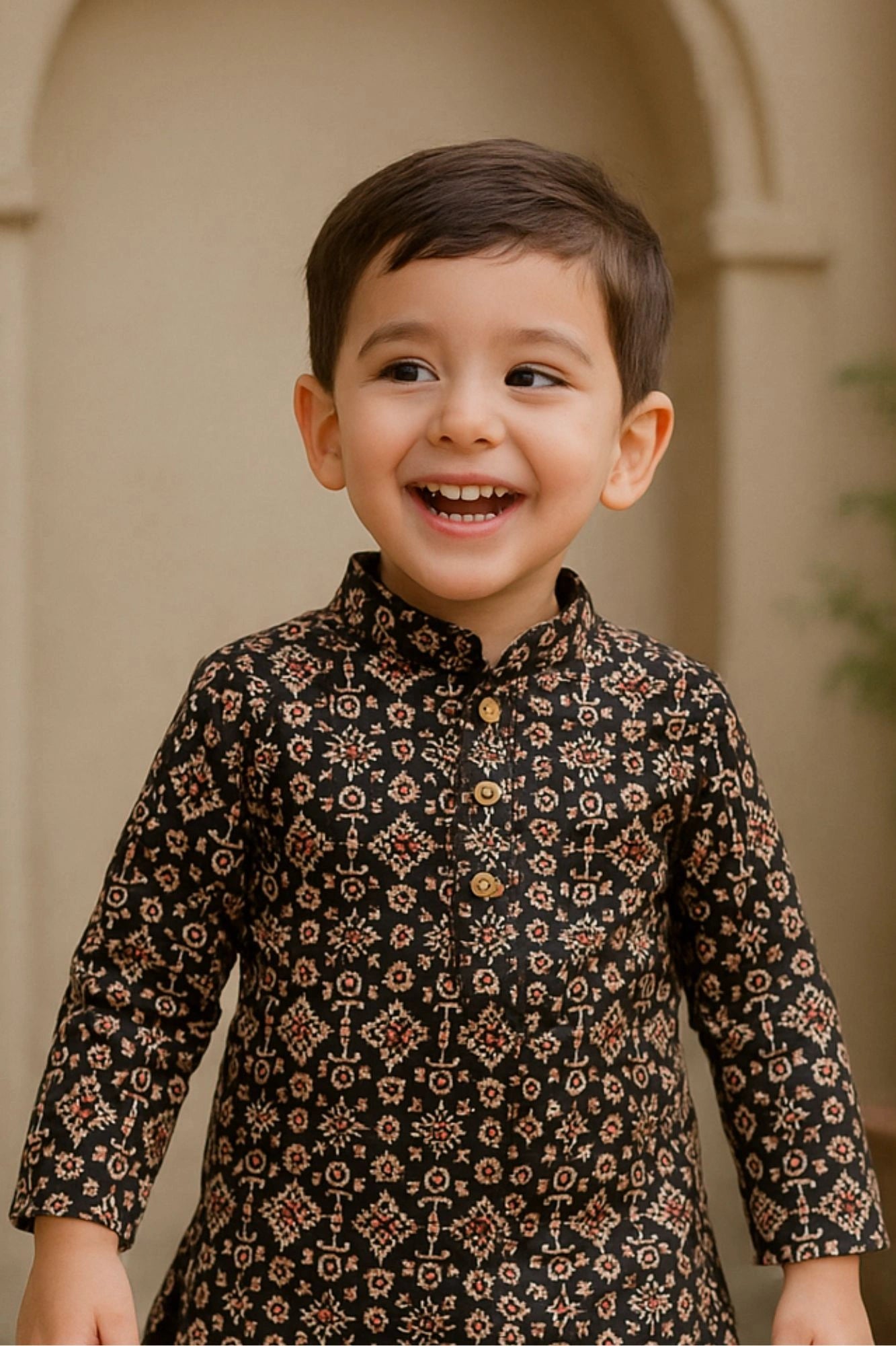 Black Handblock Printed Kurta with Dhoti Set For Boys