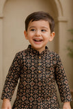 Black Handblock Printed Kurta with Dhoti Set For Boys